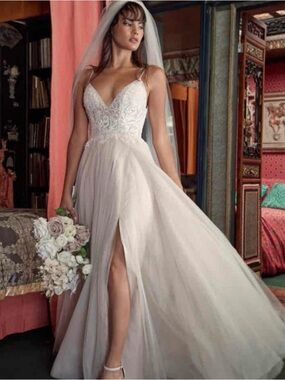 Truvy by Watters - White Lace Bodice A-Line Wedding Gown with Slit